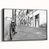 Black and white vintage poster art of a bicycle, framed canvas, ideal for bedroom wall decor.