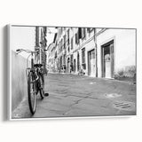 Vintage poster art of a classic bicycle on a white background, framed canvas, ideal for living room decor.