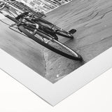 Art deco poster featuring a vintage bicycle in muted earth tones on rolled canvas, suitable for dining room decor.