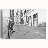 Black and white photograph of a vintage bicycle on stretched canvas, ideal for kitchen wall art or bedroom decor.