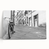 Black and white photo of a vintage bicycle on stretched canvas, ideal for kitchen wall art.