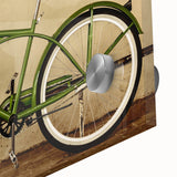 Mid-century modernist art featuring abstract bicycles in muted earth tones on large acrylic glass, ideal for dining room art.