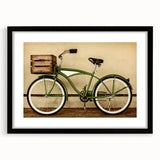 Abstract art print of a bicycle in vibrant, colorful textures on a large framed canvas, ideal for living room decor.