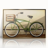 Framed acrylic print of a vintage bicycle in muted earth tones, ideal for nursery wall art or modern decor.