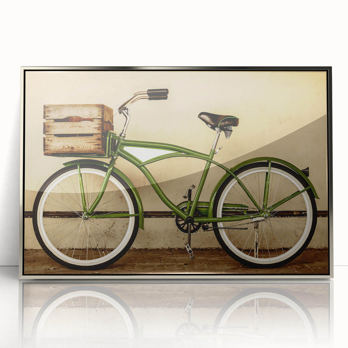 Mid-century modernist art featuring a silver-framed acrylic print of a bicycle, using a muted color palette.