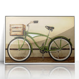 Art deco poster of a bicycle in monochrome tones on white acrylic, ideal for nursery wall art.