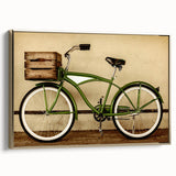 Framed canvas featuring a vintage bicycle on a muted black background, ideal for bedroom wall art.