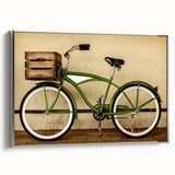 Framed canvas featuring a vintage bicycle in black and colorful backdrop, ideal for decorating a home office.