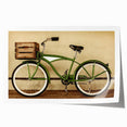 Vintage bicycle illustration in muted earth tones on a rolled canvas, suitable for art wall dining room.