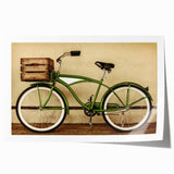 Vintage bicycle illustration in muted earth tones on a rolled canvas, suitable for art wall dining room.