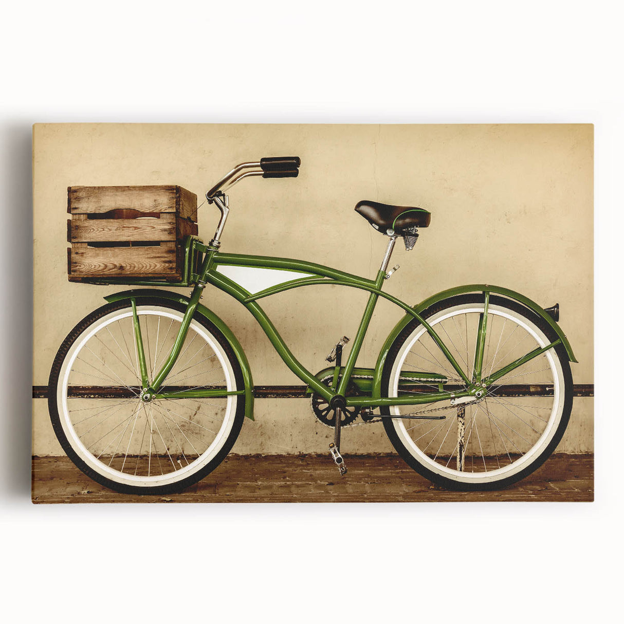 Black and white illustration of a vintage bicycle on stretched canvas, ideal for kitchen wall art.