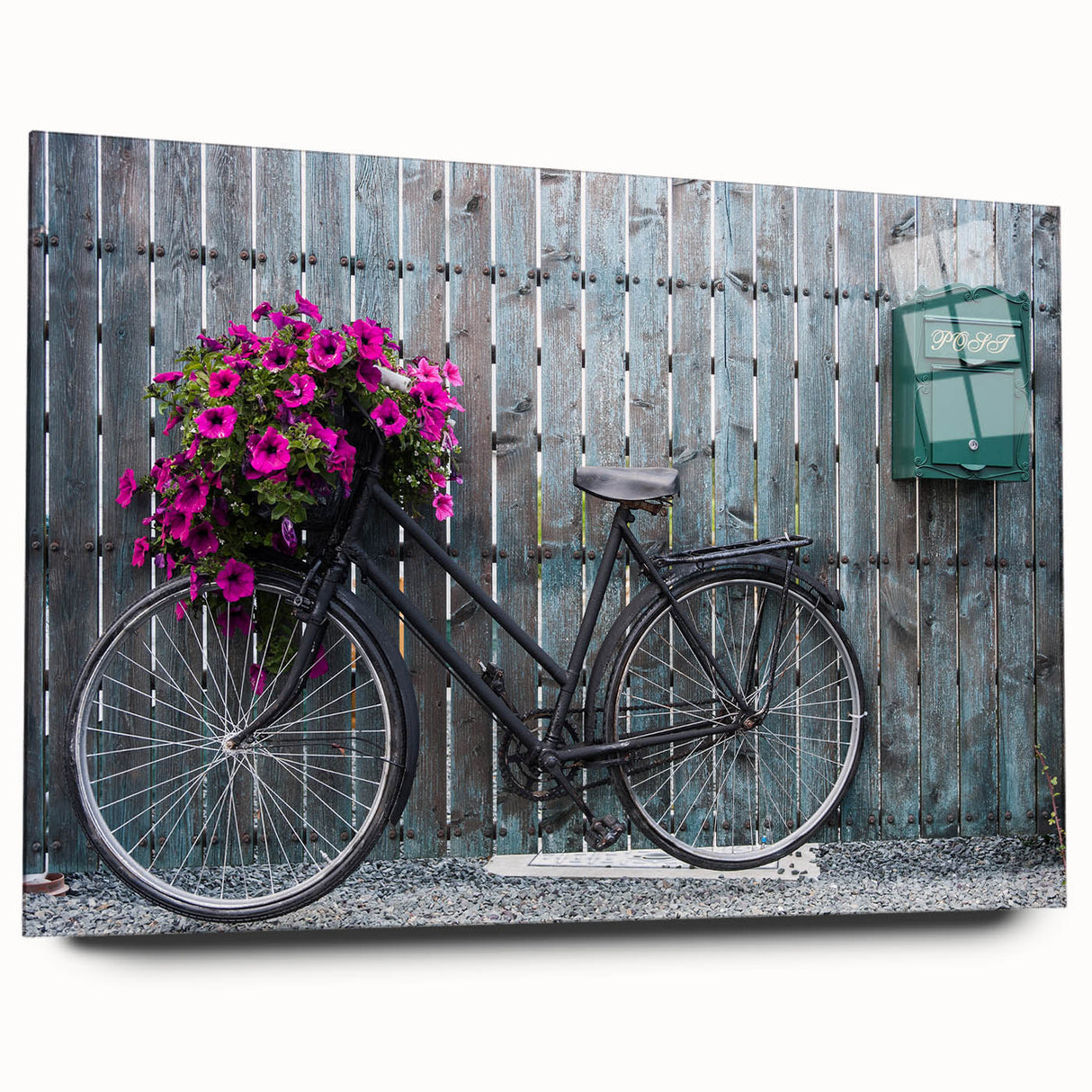 Side view of a large abstract art piece depicting a bicycle, rendered on acrylic glass in monochrome shades.