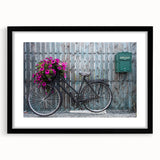 Extra large abstract art print featuring a colorful, textured depiction of a bicycle on a black framed canvas.