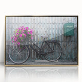 Mid-century modernist art of a bicycle in black and gold tones, framed acrylic, ideal for nursery wall art.