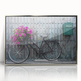 Mid-century modernist art of a bicycle in monochrome tones on a framed acrylic print, suitable for nursery wall decor.