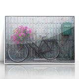 Art deco poster of a vintage bicycle in muted gray tones, framed acrylic, ideal for nursery wall decor.