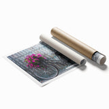 Extra large wall art featuring a vintage bicycle with floral accents, printed on rolled canvas.