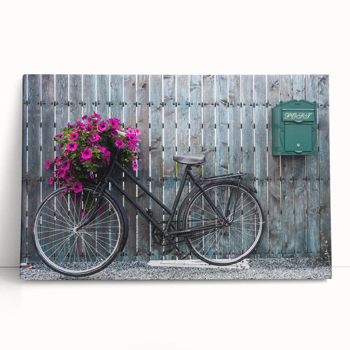 Black and white photograph of a vintage bicycle on stretched canvas, ideal for kitchen wall art or bedroom decor.