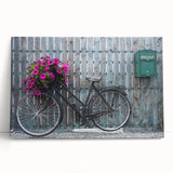 Black and white photograph of a vintage bicycle on stretched canvas, ideal for kitchen wall art or bedroom decor.