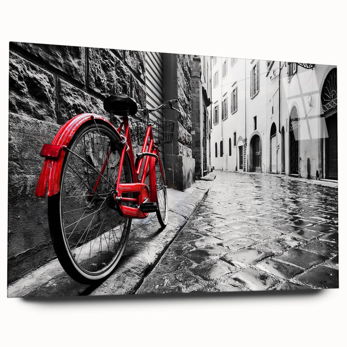 Acrylic print of a large abstract depiction of a bicycle in muted gray and blue tones.