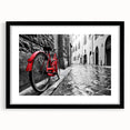 Extra large abstract art print featuring a colorful, textured depiction of bicycles on a black framed canvas.