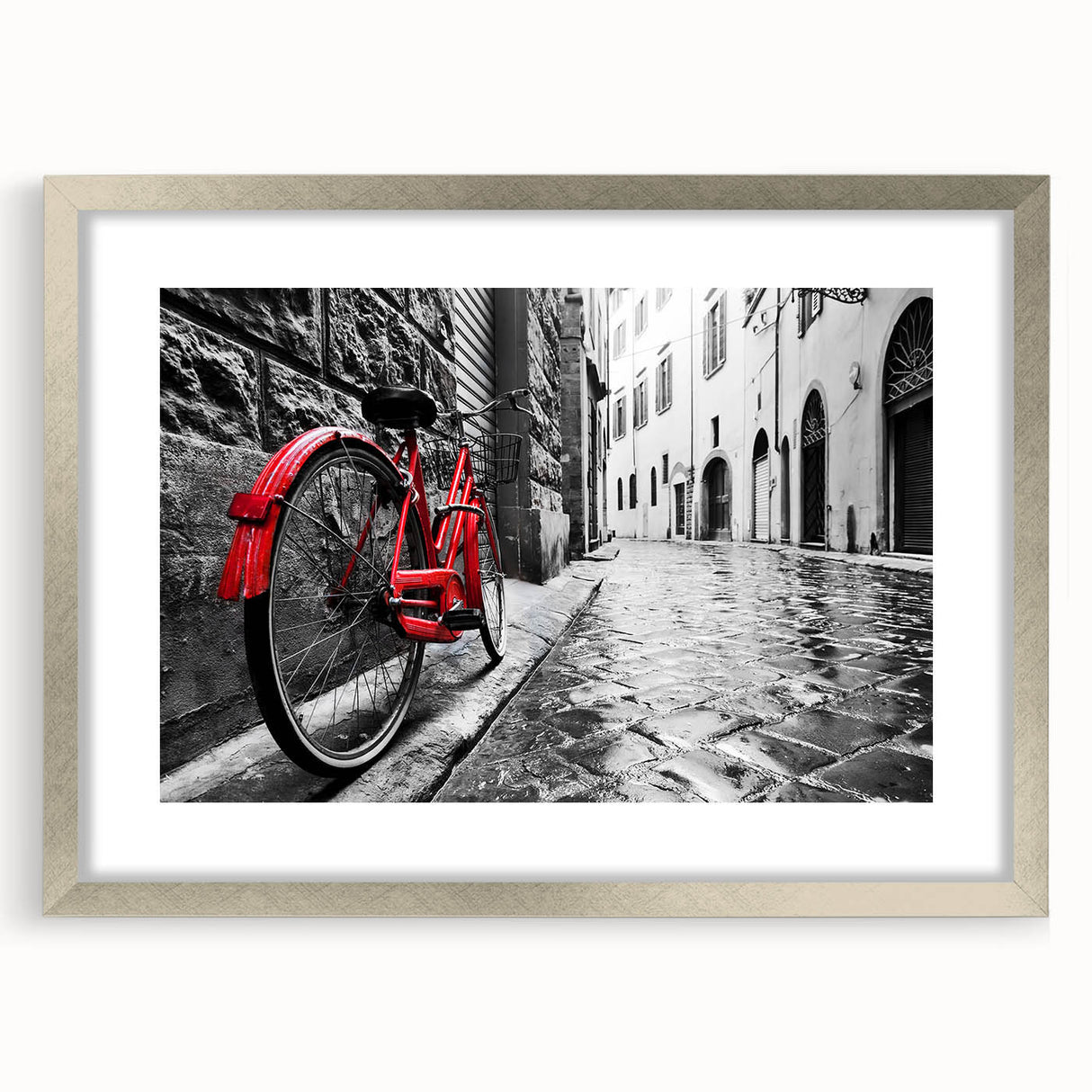 Abstract art print of a bicycle in monochrome shades on a silver-framed mat, suitable for dining room decor.