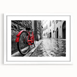 Extra large abstract art print of a bicycle in textured black and white, framed with a white mat.
