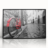 Large abstract wall art featuring a bicycle in black and white tones, acrylic print in a minimalist mid-century modern style.