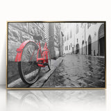 Framed acrylic print of a bicycle in muted earth tones, ideal for nursery wall art in a mid-century modernist style.