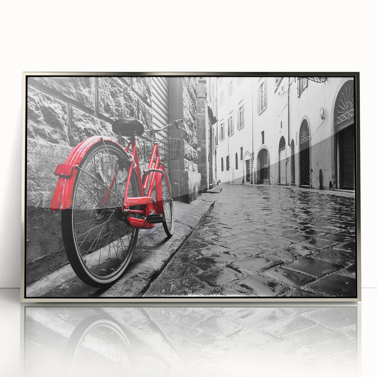 Mid-century modernist art of a bicycle in monochrome on framed acrylic, ideal for nursery wall art.