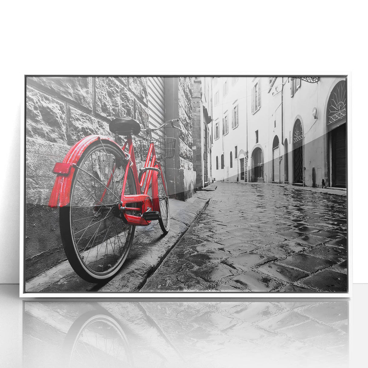 Art deco poster of a vintage bicycle in black and white, framed in acrylic, ideal for nursery wall art.