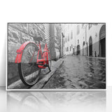 Art deco poster of a vintage bicycle in black and white, framed in acrylic, ideal for nursery wall art.