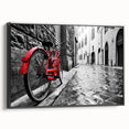 Black and white vintage poster art of a bicycle on a framed canvas, suitable for bedroom wall decor.