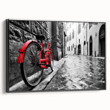 Black and white vintage poster art of a bicycle on a framed canvas, suitable for bedroom wall decor.
