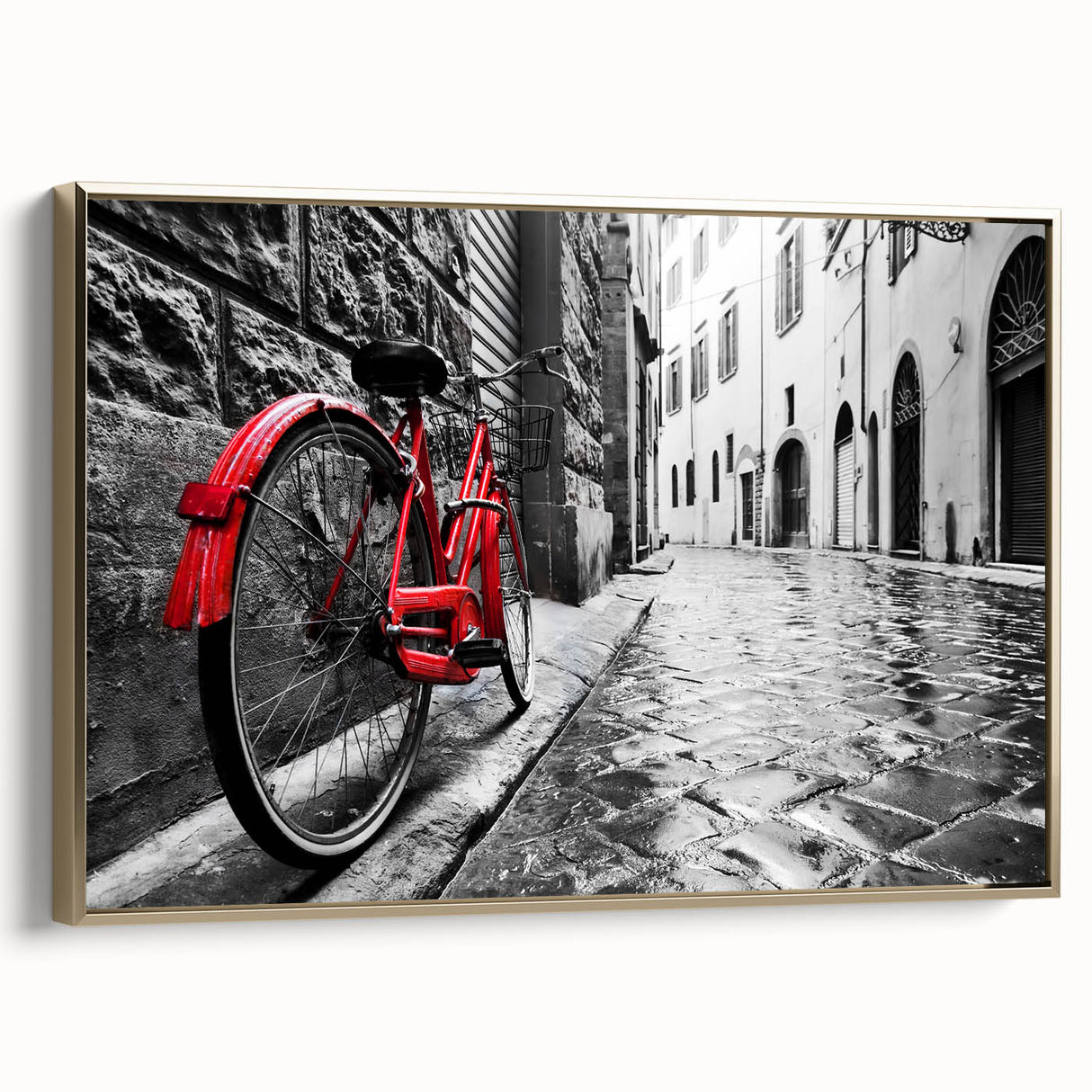 Framed canvas featuring a vintage black bicycle on a muted gold background, ideal for bedroom wall decor.