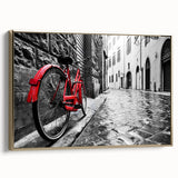 Framed canvas featuring a vintage black bicycle on a muted gold background, ideal for bedroom wall decor.