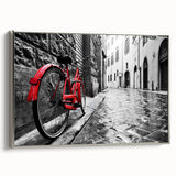 Framed canvas of a vintage bicycle in black with colorful background, ideal for decorating a home office.