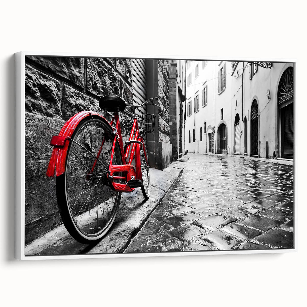 Vintage poster art of a bicycle on a white framed canvas, featuring colorful accents, ideal for living room decor.