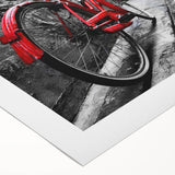 Art deco poster of a vintage bicycle in monochrome tones on rolled canvas, suitable for dining room decor.