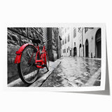 Vintage-style bicycle illustration on a rolled print, featuring muted earth tones.