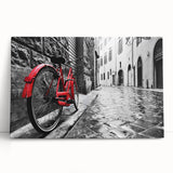 Black and white photo of a vintage bicycle on stretched canvas, ideal for kitchen wall art.