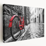 Side view of a vintage bicycle on a large stretched canvas with muted earth tones, ideal for kitchen wall art.
