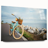 Side view of a large abstract bicycle print on acrylic glass, featuring neutral and earth tones.