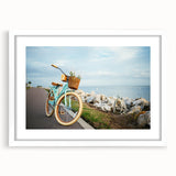 Extra large abstract art print of a bicycle in muted gray and blue tones on a framed poster, ideal for living room decor.