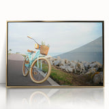 Mid-century modernist bicycle print in muted earth tones on a gold-framed acrylic, ideal for nursery wall art.