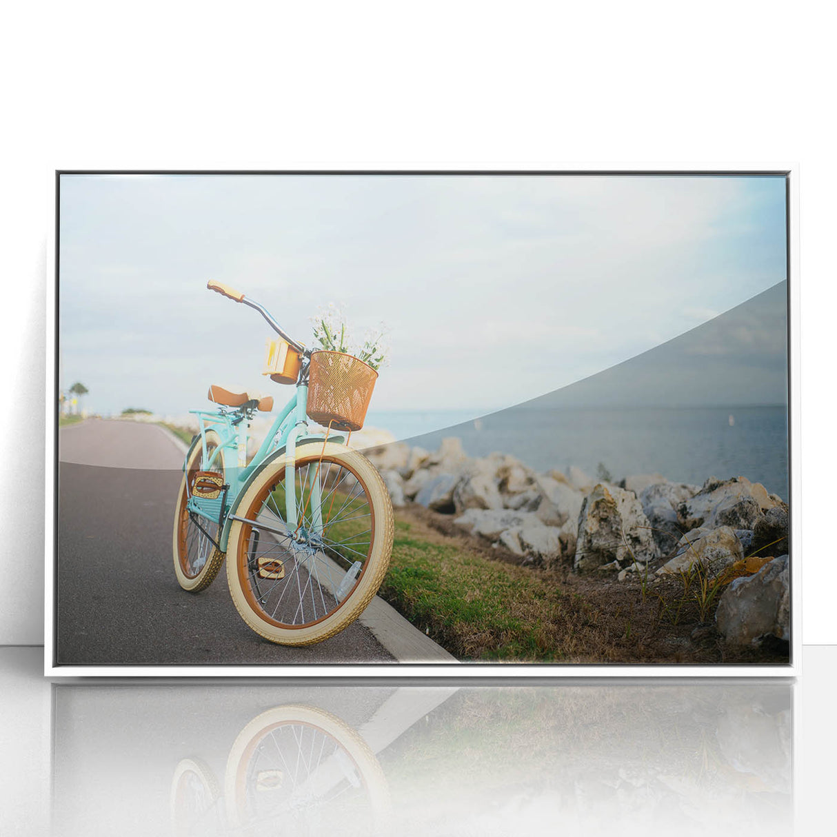 Art Deco style poster of a vintage bicycle on a framed acrylic, utilizing monochrome shades.