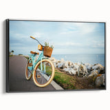 Black and white vintage poster art of a bicycle on a framed canvas, ideal for bedroom wall decor.