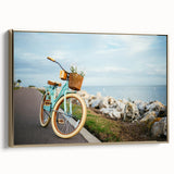 Framed canvas depicting a vintage bicycle in black, set against a neutral background, ideal for bedroom wall art.