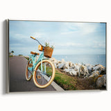 Framed canvas featuring a vintage black bicycle on a colorful abstract background, ideal for living room decor.