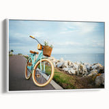 Framed canvas vintage poster art of a bicycle in black and colorful tones, ideal for living room decor.